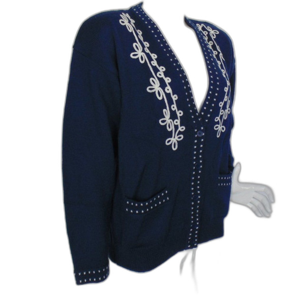 Vintage LEON LEVIN Sweater, M, Blue Wool Cardigan, Shoulder pads, Embroidered - Picture 2 of 11